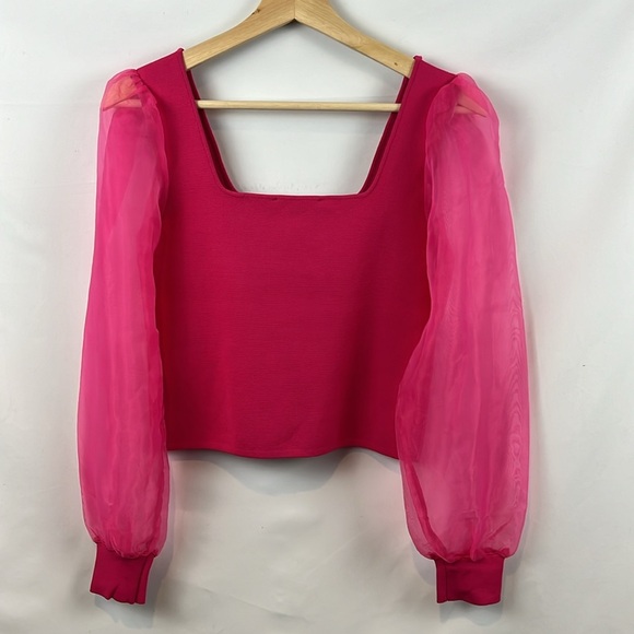 House of Harlow 1960 Hot Pink Sheer Puff Long‎ Sleeve Cropped Knit Top Size S - Picture 7 of 9